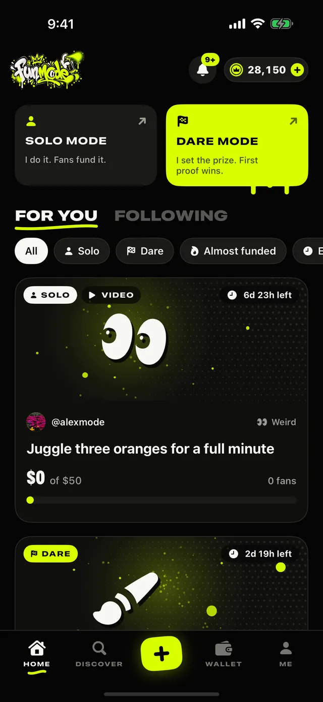 The FunMode home feed with Solo and Dare challenges