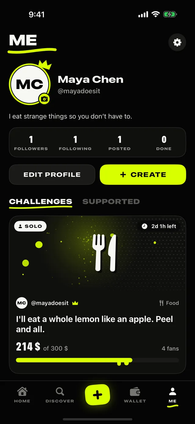 A creator profile with followers and challenges