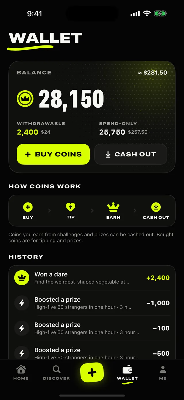 Wallet with balance, buy and cash out